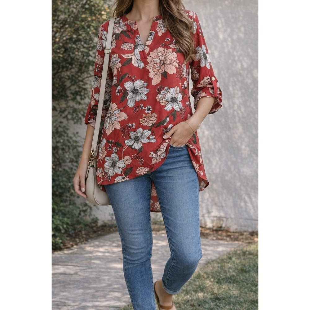 Cato Floral High Low Blouse Large Red Floral Roll Tab Sleeve Flowy Casual Office
